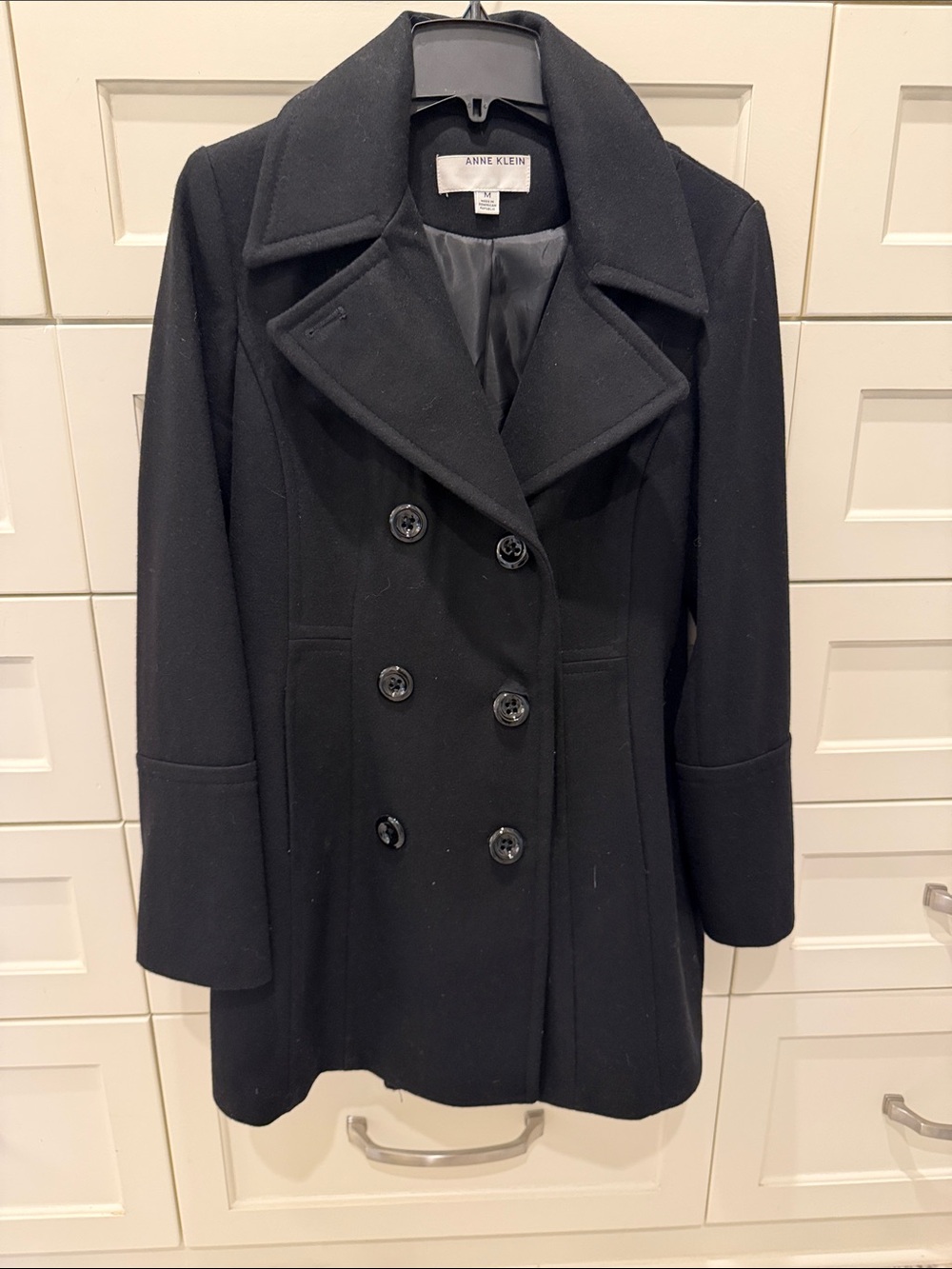 Anne Klein Black Double-Breasted Peacoat with Notched Collar Size M